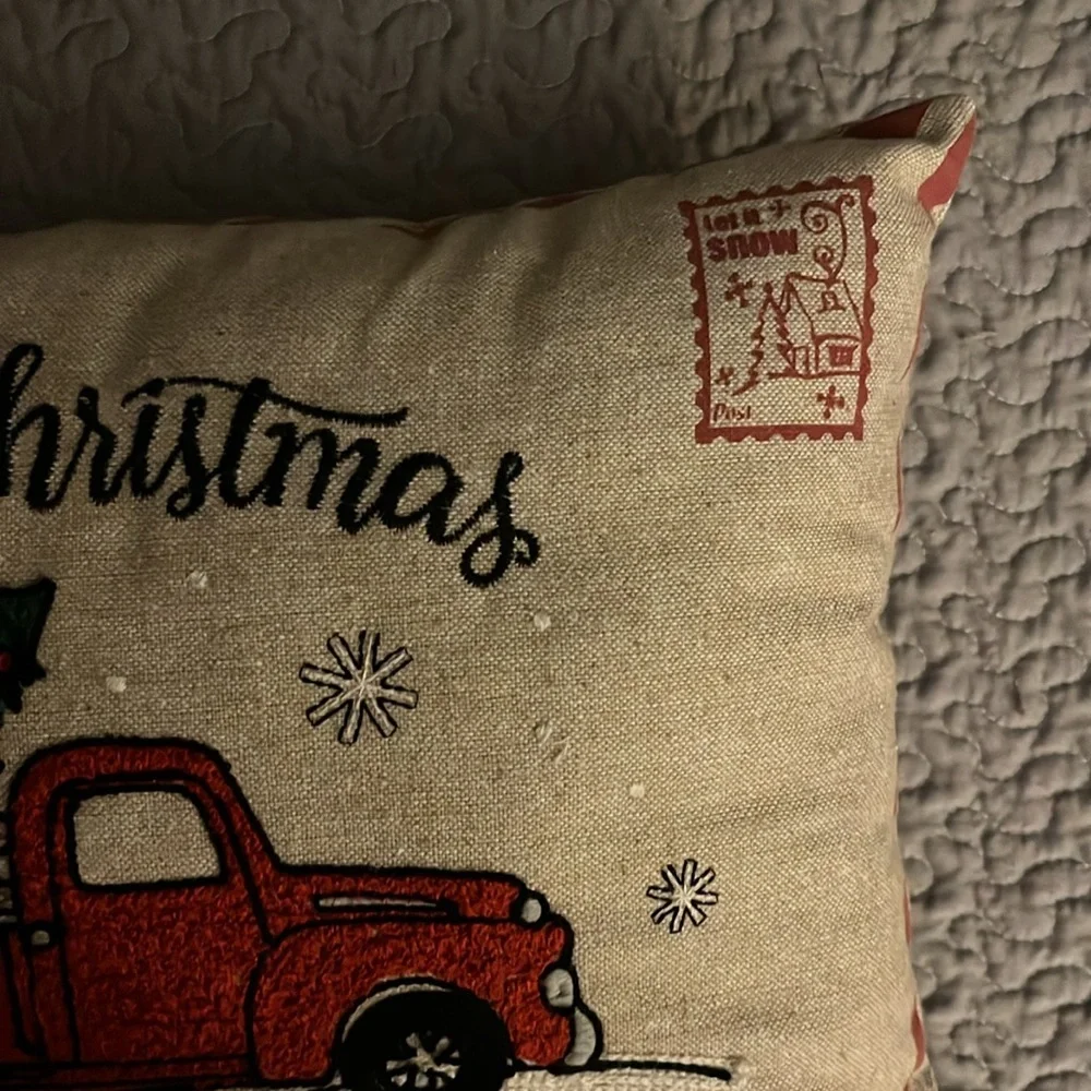 Merry Christmas Decor Throw Pillow Red Truck Tree 18x12